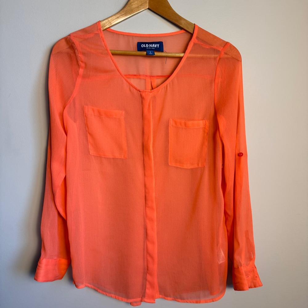 Old Navy Sheer V-Neck Long Sleeve Button Up Blouse NEW Coral Size Small Layering